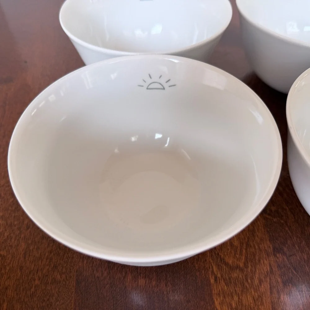 Crate & Barrel Kahla Bowls 4pc White Germany Excellent Sun Graphic 5.25in